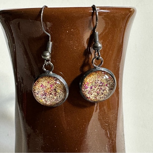 Pink & Gold Embedded Glitter Confetti Round Drop Dangle Earrings Hooks - Picture 1 of 5
